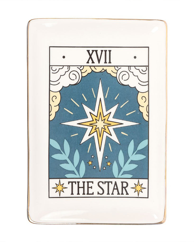 A front-facing view of the Rebel Romance The Star tarot-inspired trinket dish with gold edging. The ceramic dish shows a bold celestial star motif, ideal for jewellery or small keepsakes on your vanity or desk.