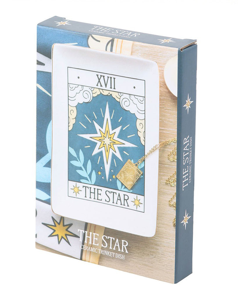A boxed Rebel Romance ceramic trinket dish featuring The Star tarot card design with gold edging. The packaging shows the mystical illustration, making it an ideal gift for storing jewellery, keys and keepsakes.