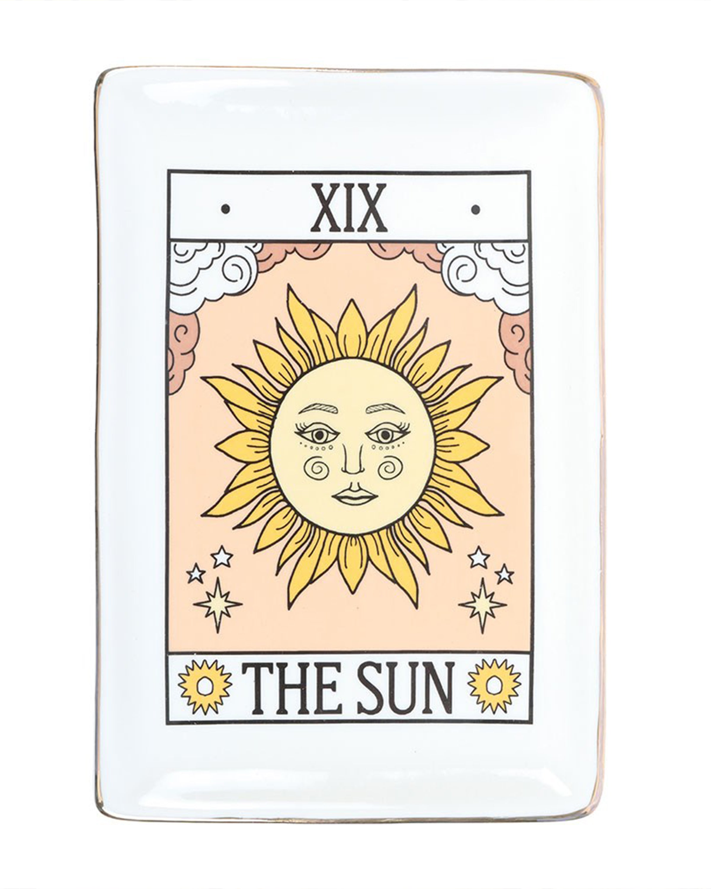 Front view of The Sun tarot ceramic trinket dish by Rebel Romance. A mystical sun motif with clouds and stars, edged in gold, making a unique alternative homeware gift for millennials.