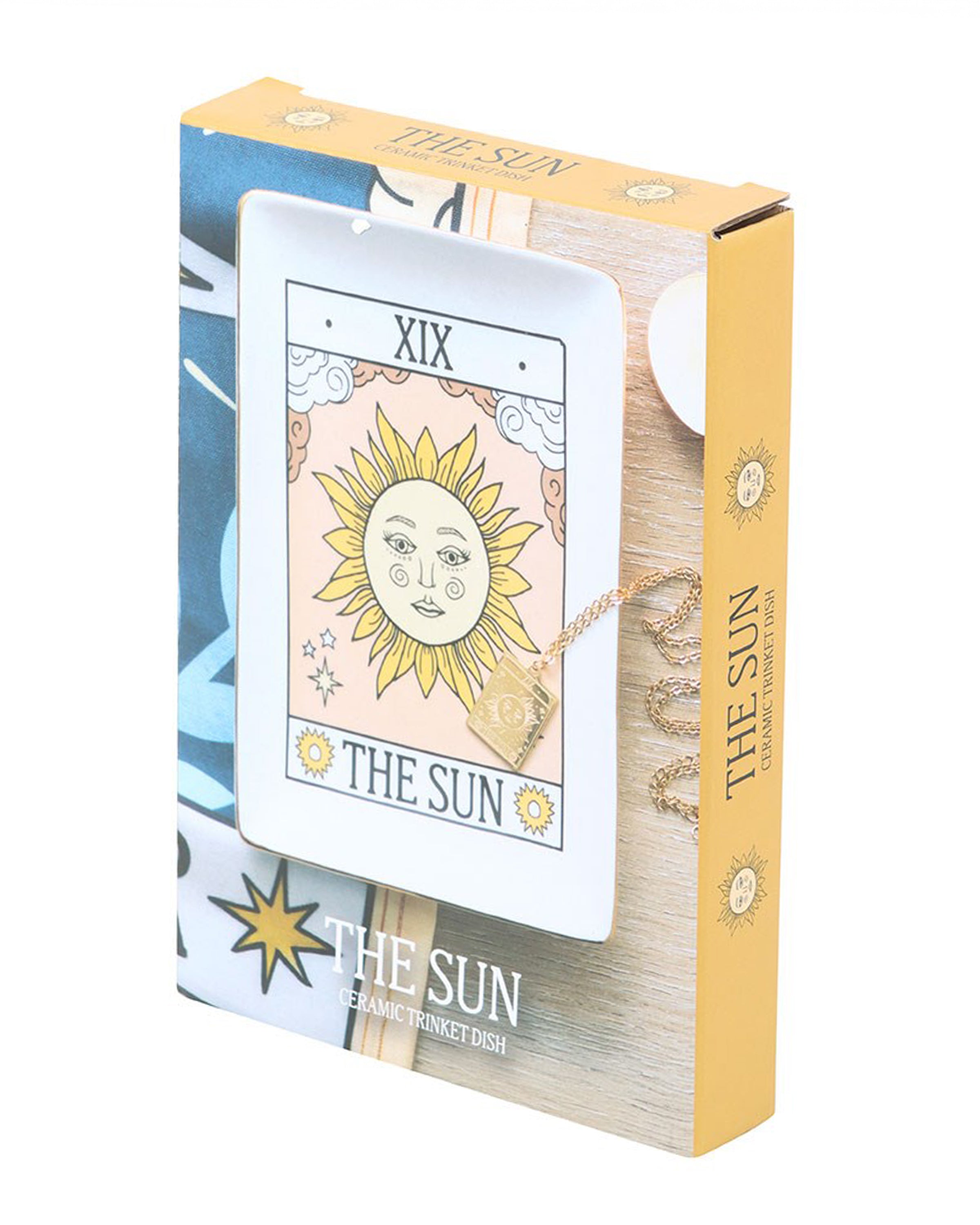 Rebel Romance The Sun tarot trinket dish displayed in its gift box packaging. A vintage‑inspired ceramic dish with gold detailing, ideal for storing jewellery, keys or keepsakes, perfect for alternative home décor.
