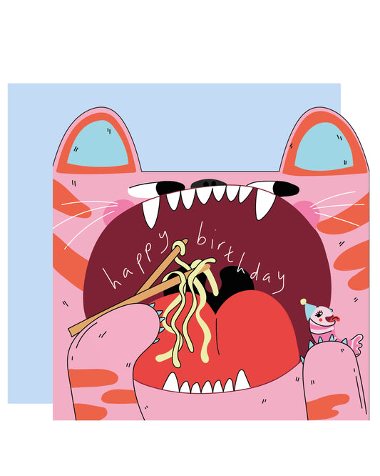 Square greeting card featuring a bold pink tiger with orange stripes slurping noodles with chopsticks. The noodles spell out “happy birthday,” and a tiny clown character sits on the tiger’s paw. Comes with a brown Kraft envelope.
