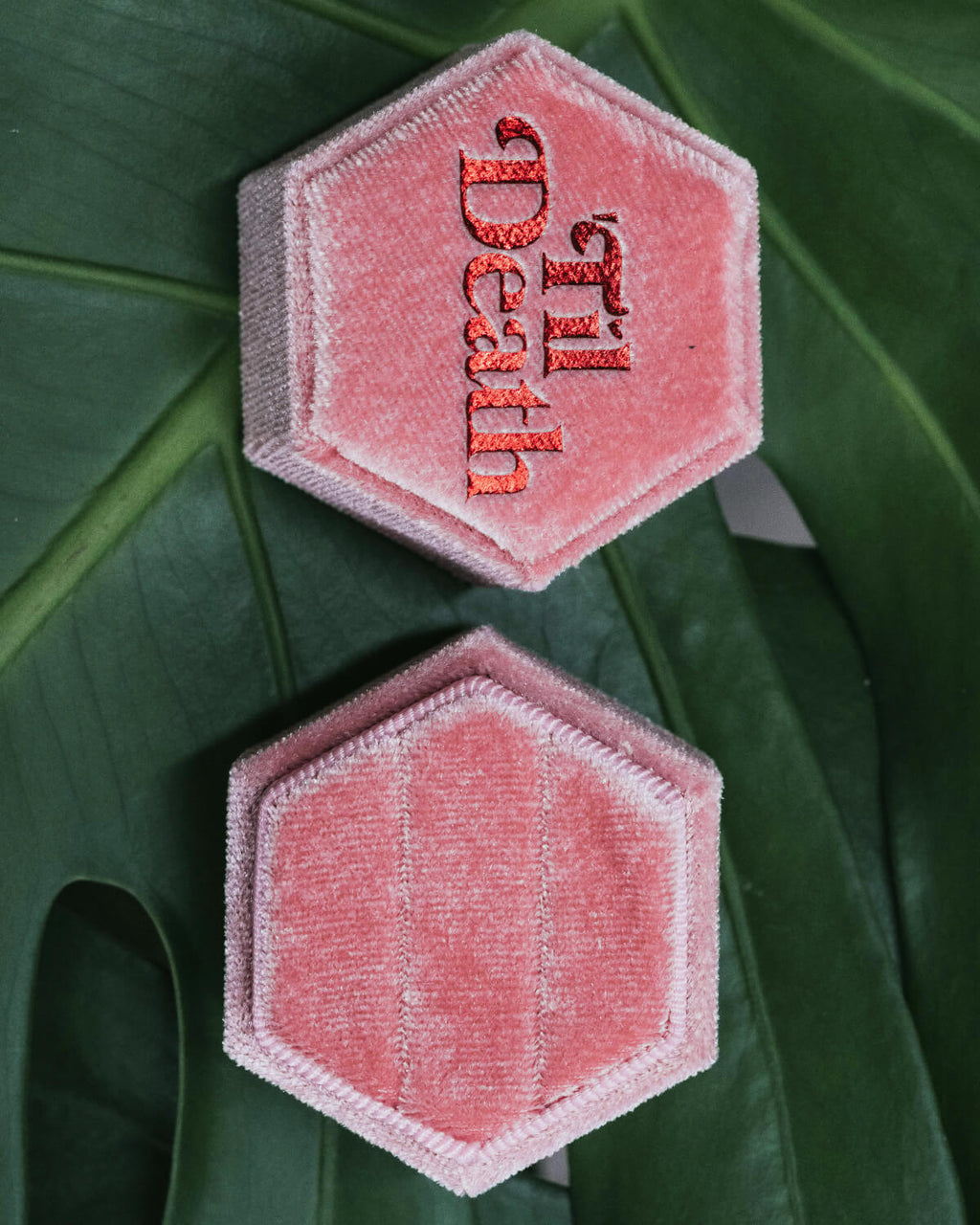 Two open pink hexagonal velvet ring boxes on a green monstera leaf, one showing “’Til Death” embroidered in red and the other holding two elegant silver rings.