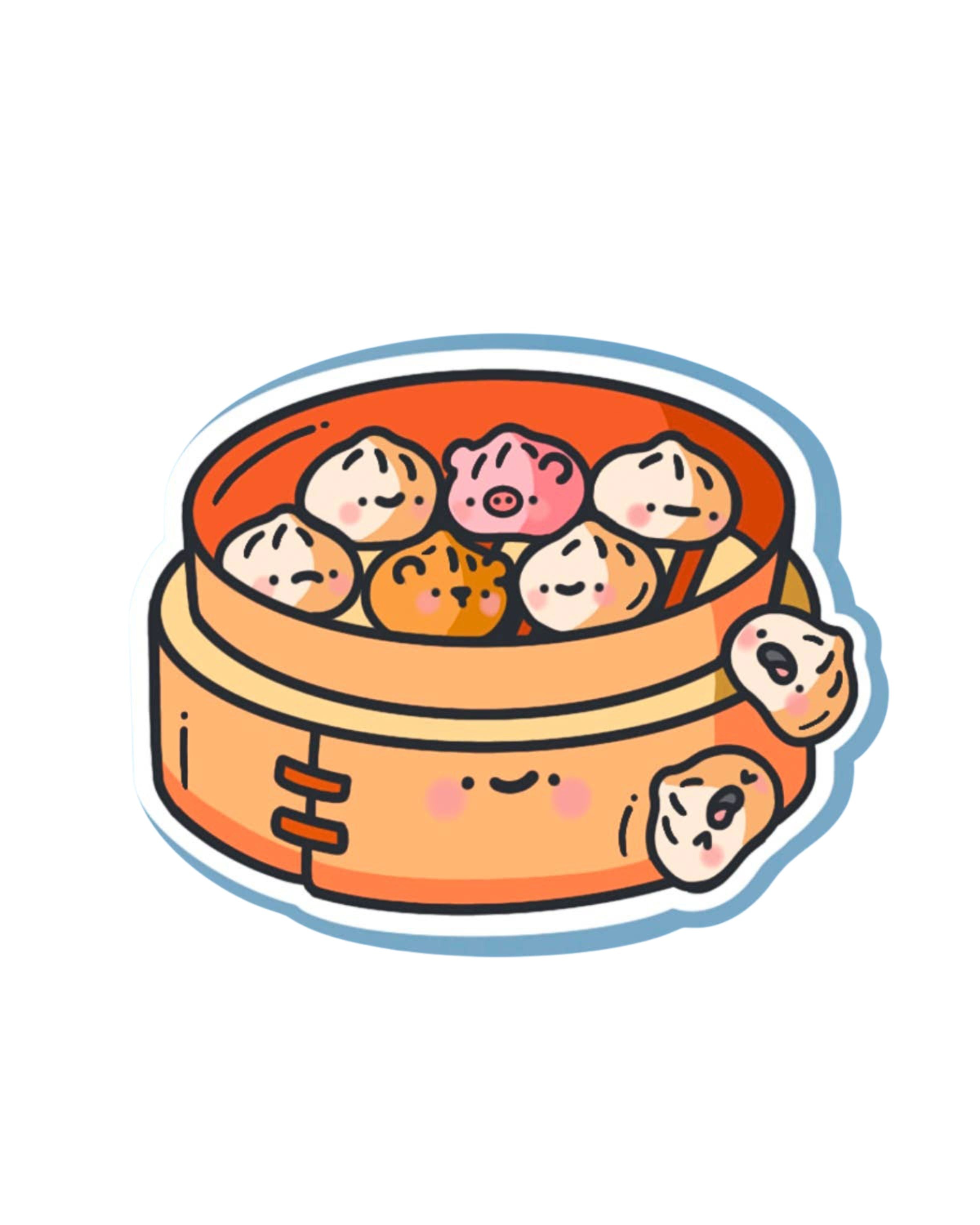 Cute Steamed Buns Vinyl Sticker by Toastedink on a lilac background. Features kawaii-style steamed buns shaped like pigs, tigers and traditional dumplings in a happy bamboo steamer. Sold by Rebel Romance, a UK small biz celebrating alternative aesthetics and foodie joy.