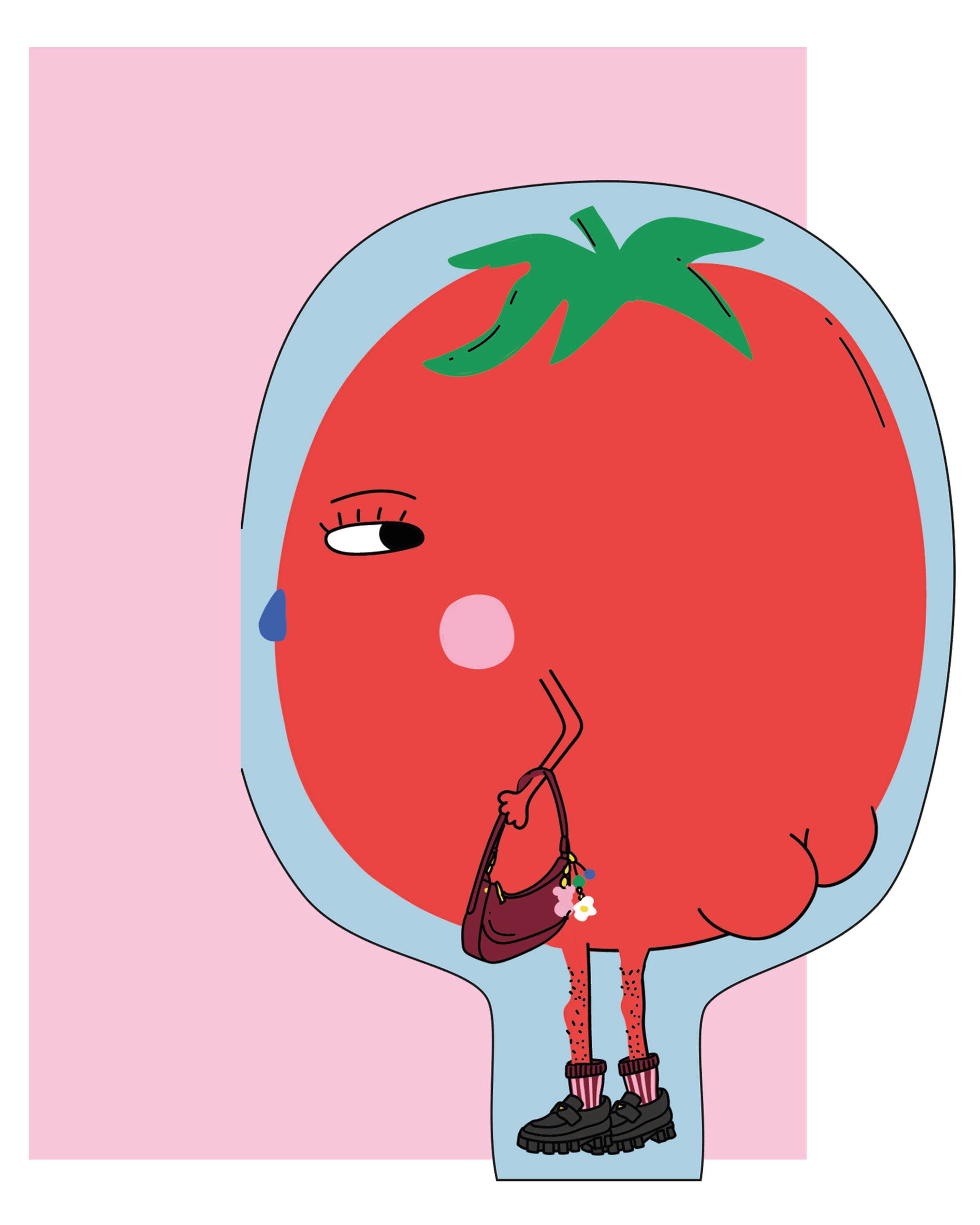 Die‑cut greeting card featuring a cheeky tomato character with boots and hairy legs, holding a little handbag with a flower charm. A surprise backside detail is on the reverse. Comes with a brown Kraft envelope, set against a pink background.