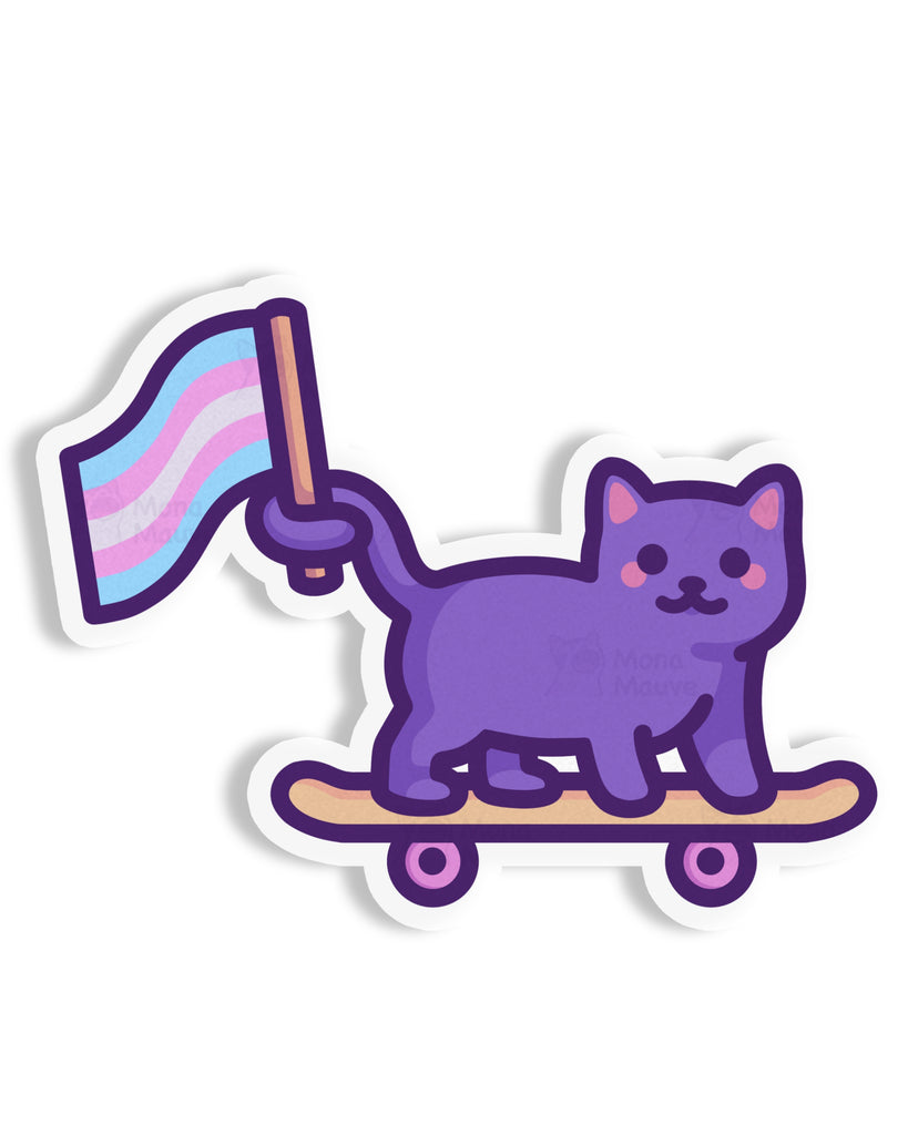 trains pride purple cat on a skateboard holding a trans pride flag by their tail