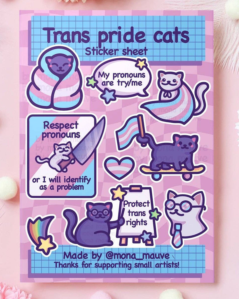 Trans Pride Cats sticker sheet by Mona Mauve featuring 9 waterproof vinyl stickers with cute cats wrapped in trans flags, holding signs like "Protect Trans Rights" and "Respect Pronouns". Fun, inclusive stationery by small UK brand Rebel Romance.