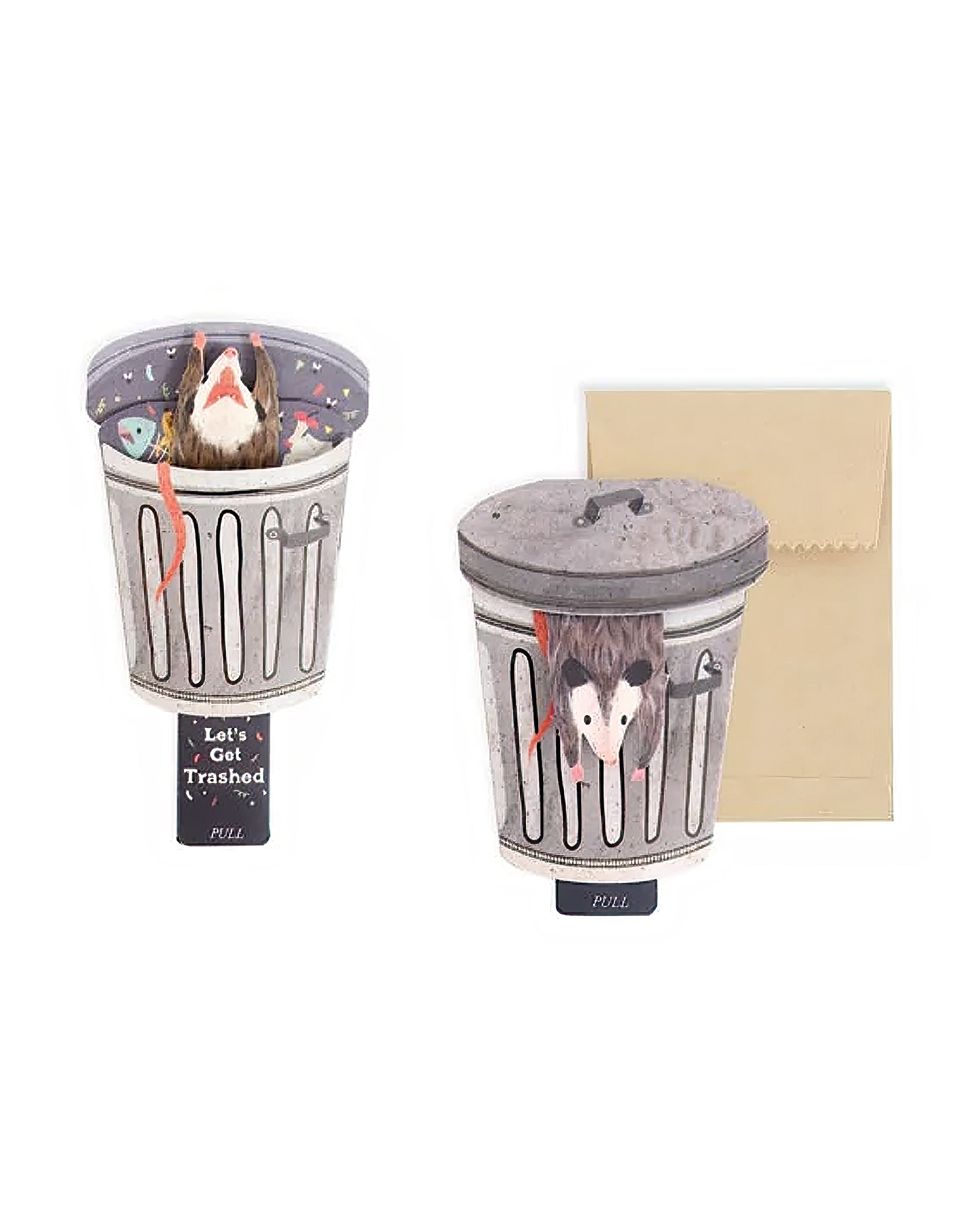 Interactive Let’s Get Trashed opossum pop-up birthday card with pull-tab, showing opossum emerging from a rubbish bin, with kraft envelope on white background.