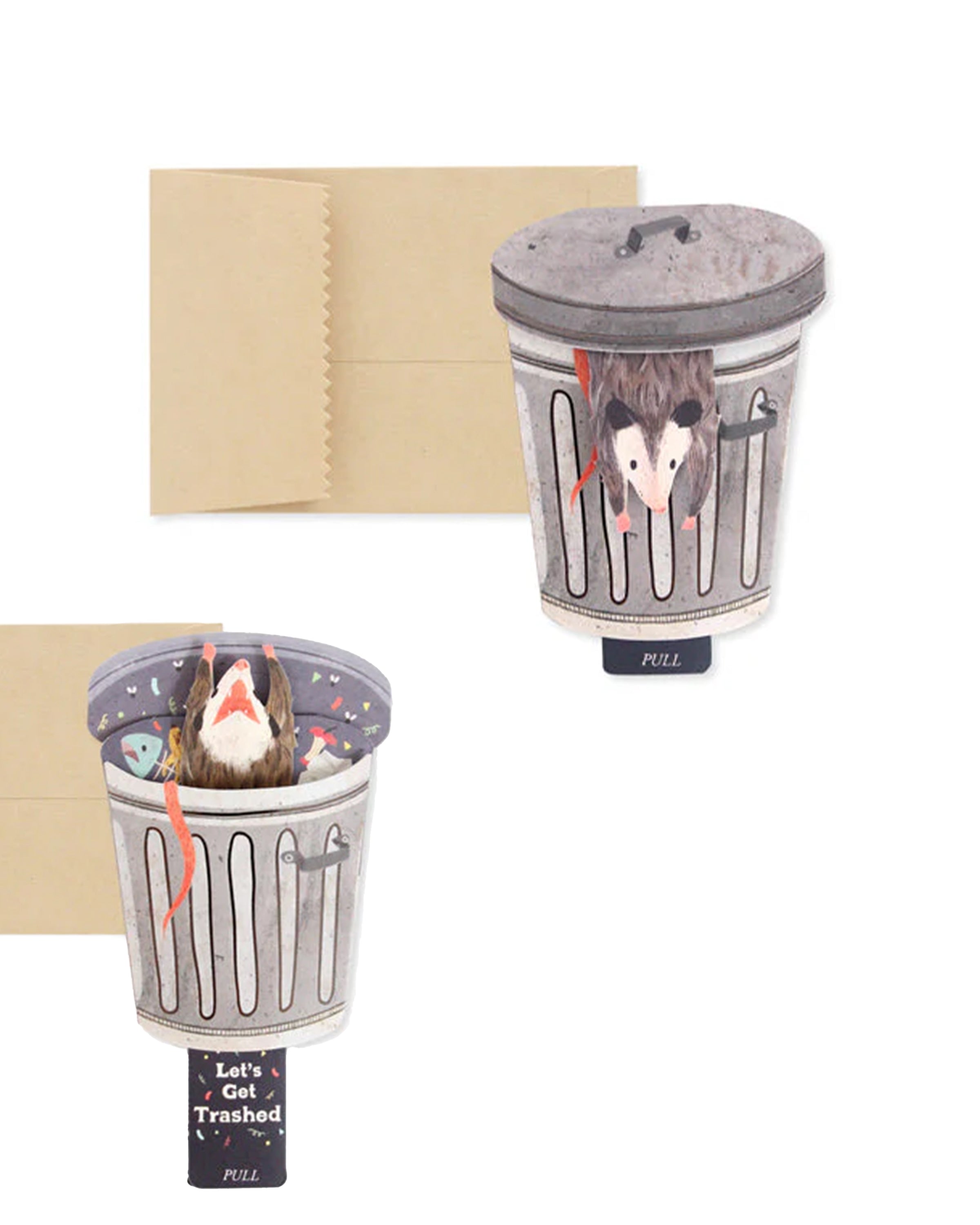 Front view of Let’s Get Trashed opossum pop-up birthday card with lid closed, kraft envelope beside it.