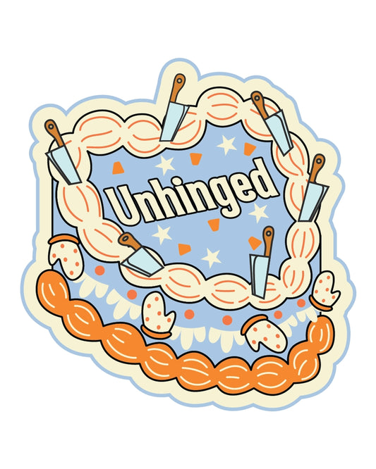Illustrated vinyl sticker shaped like a cake with the word "Unhinged" in bold letters on top. Surrounded by frosted piping, stars, mushrooms, and small cartoon cleavers. Designed by FUN CLUB and sold by Rebel Romance, a UK small business known for alternative, millennial-friendly gifts and fashion. Quirky and bold design ideal for laptops, water bottles, or journals.