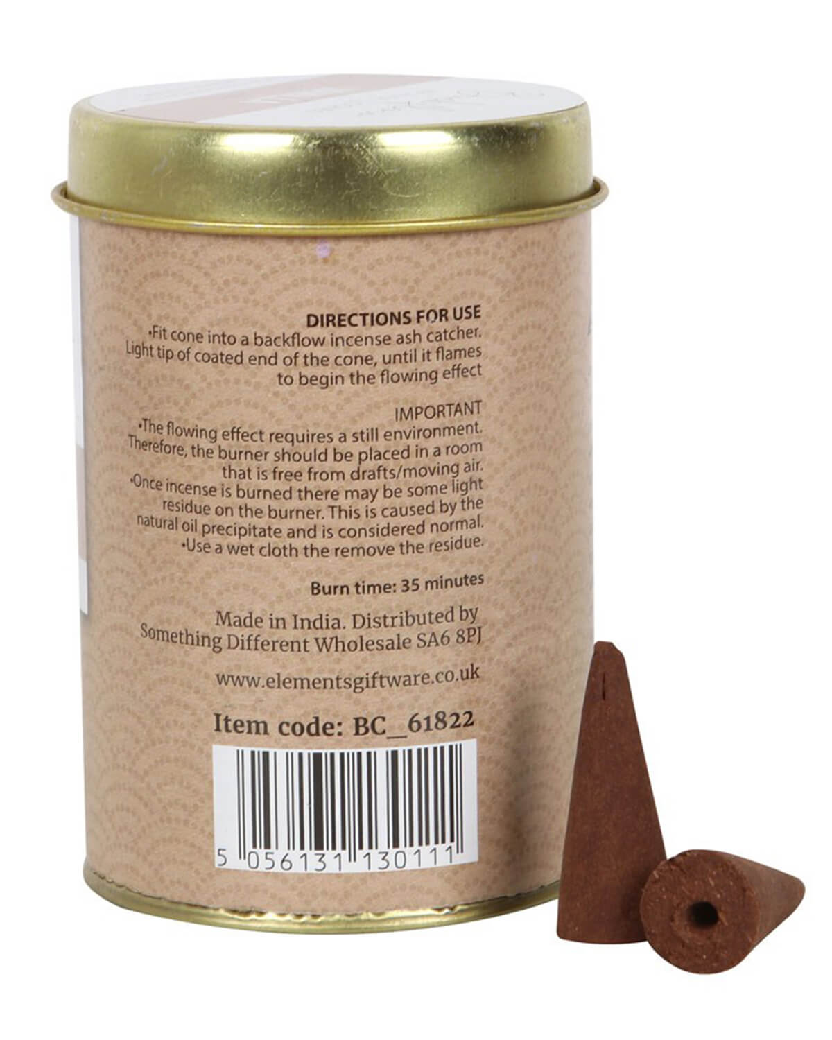 Back view of the same tin showing the usage directions and safety instructions, with two incense cones leaning against the side.