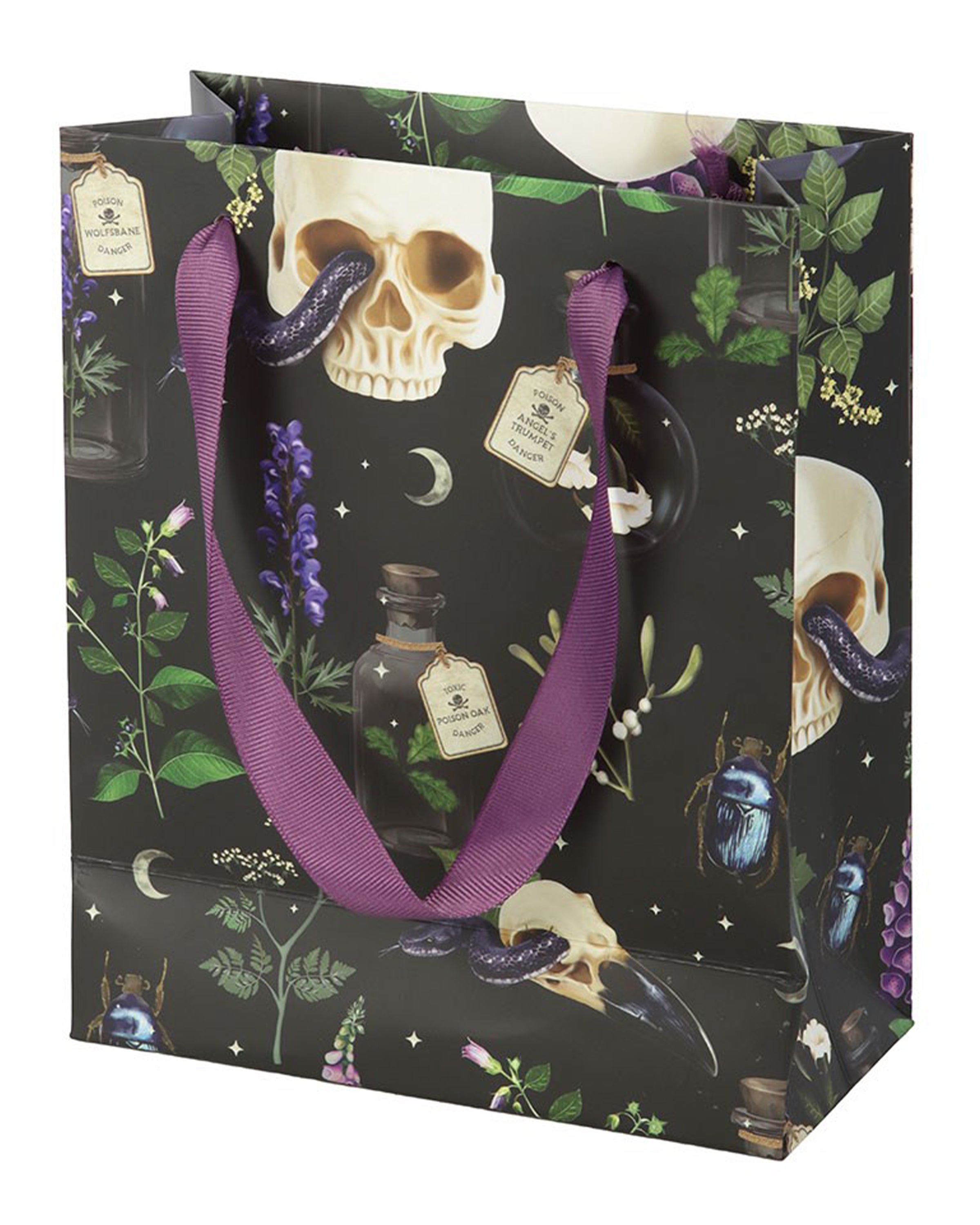 A Rebel Romance Medium Venom & Vines Print Gift Bag with purple ribbon handles, featuring a dark botanical design with skulls, snakes, poison labels, and beetles, perfect for gothic and alternative gift wrapping.