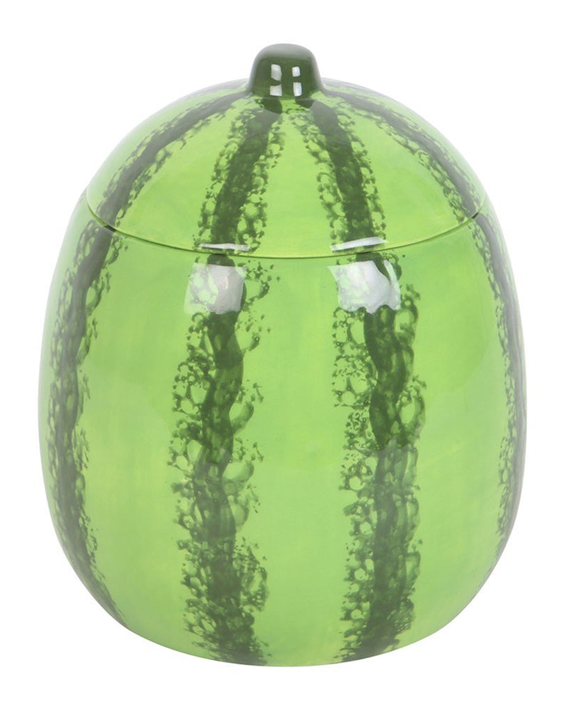 A close-up of the watermelon oil burner with its lid on, resembling a whole watermelon. The ceramic has a realistic green pattern with a small stem on top, making it a charming and functional home decor piece.