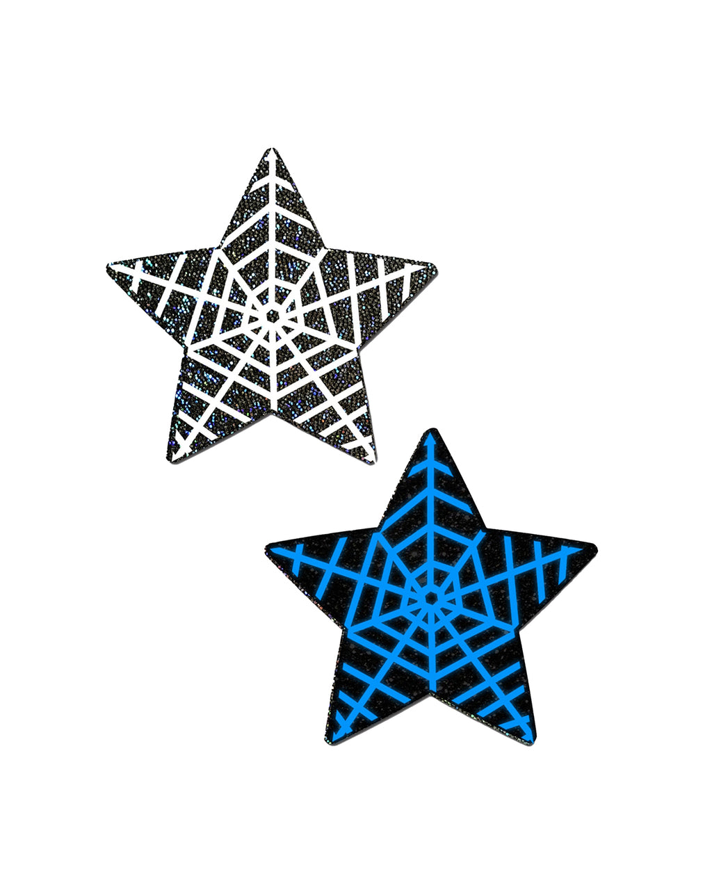 Star: Black Glitter Star with White Glow in the Dark Web Nipple Pasties by Pastease® o/s. Two spider web glittery star nipple pasties on a white background. Perfect for a festival, pride, burlesque performance, only fans content or a party.