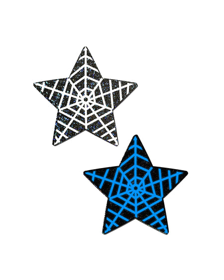 Star: Black Glitter Star with White Glow in the Dark Web Nipple Pasties by Pastease® o/s. Two spider web glittery star nipple pasties on a white background. Perfect for a festival, pride, burlesque performance, only fans content or a party.