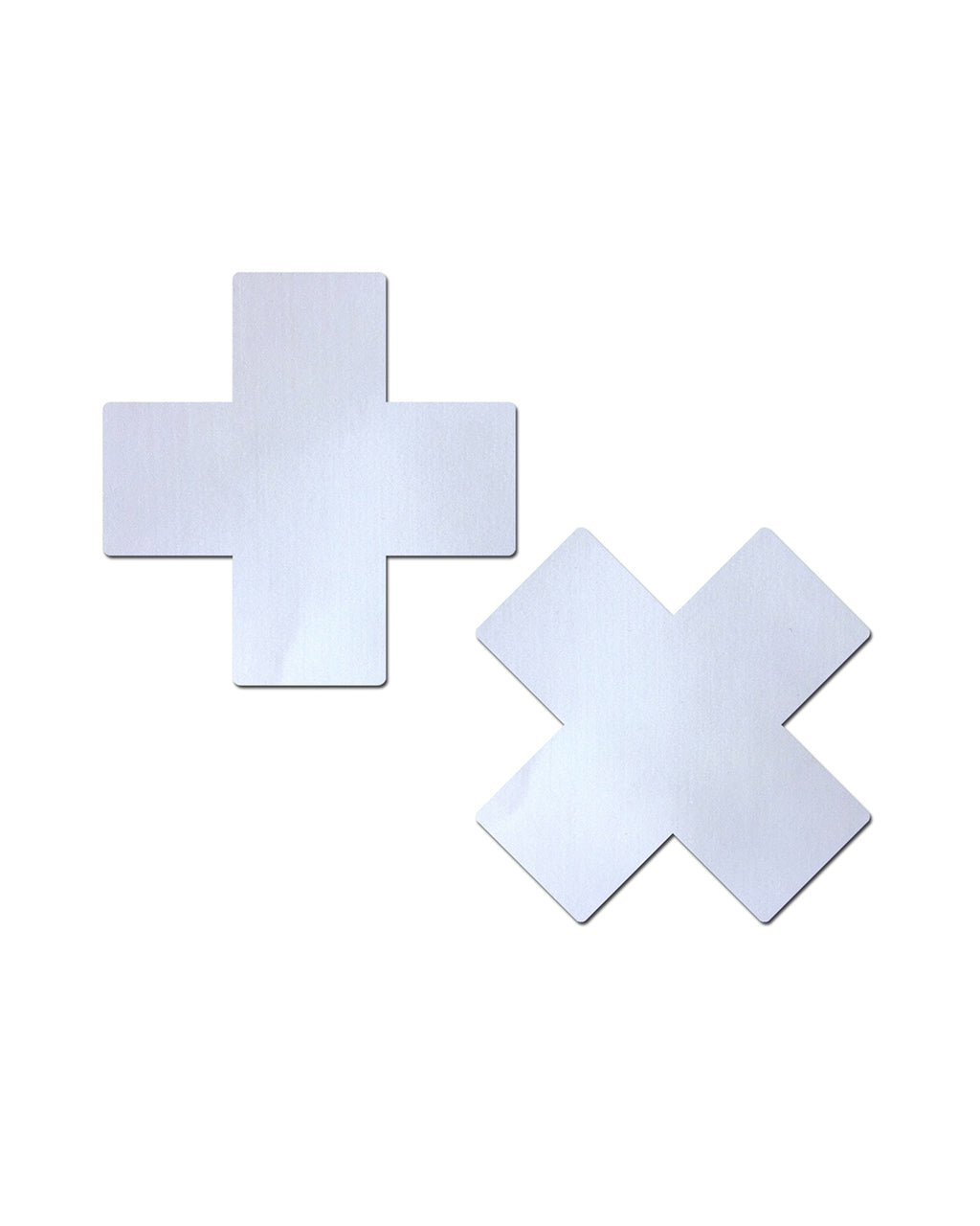 Plus X: Matte Cross Nipple Pasties by Pastease®.  Two white matt cross shape nipple covers on a white background. Perfect for festivals, pride, burlesque, raves, only fans content or parties.