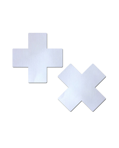 Plus X: Matte Cross Nipple Pasties by Pastease®.  Two white matt cross shape nipple covers on a white background. Perfect for festivals, pride, burlesque, raves, only fans content or parties.