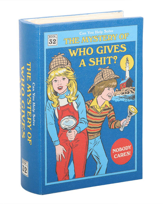 Faux storage book with a printed blue cover with two characters and text 'The Mystery of Who Gives a Shit? Nobody Cares!' designed by Steven Rhodes.