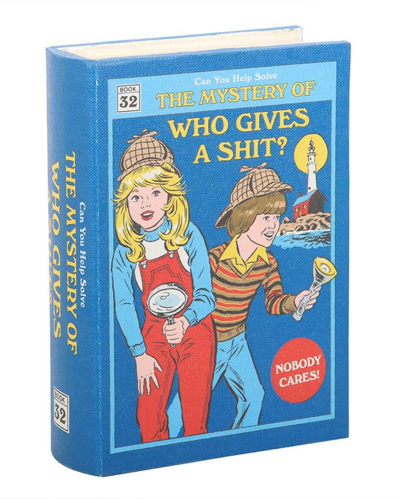 Faux storage book with a printed blue cover with two characters and text 'The Mystery of Who Gives a Shit? Nobody Cares!' designed by Steven Rhodes.
