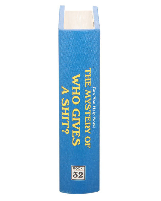 Side view of a blue book storage box with yellow text reading 'can you help solve the mystery of who gives a shit?' shown on a white background. Designed by Steven Rhodes.