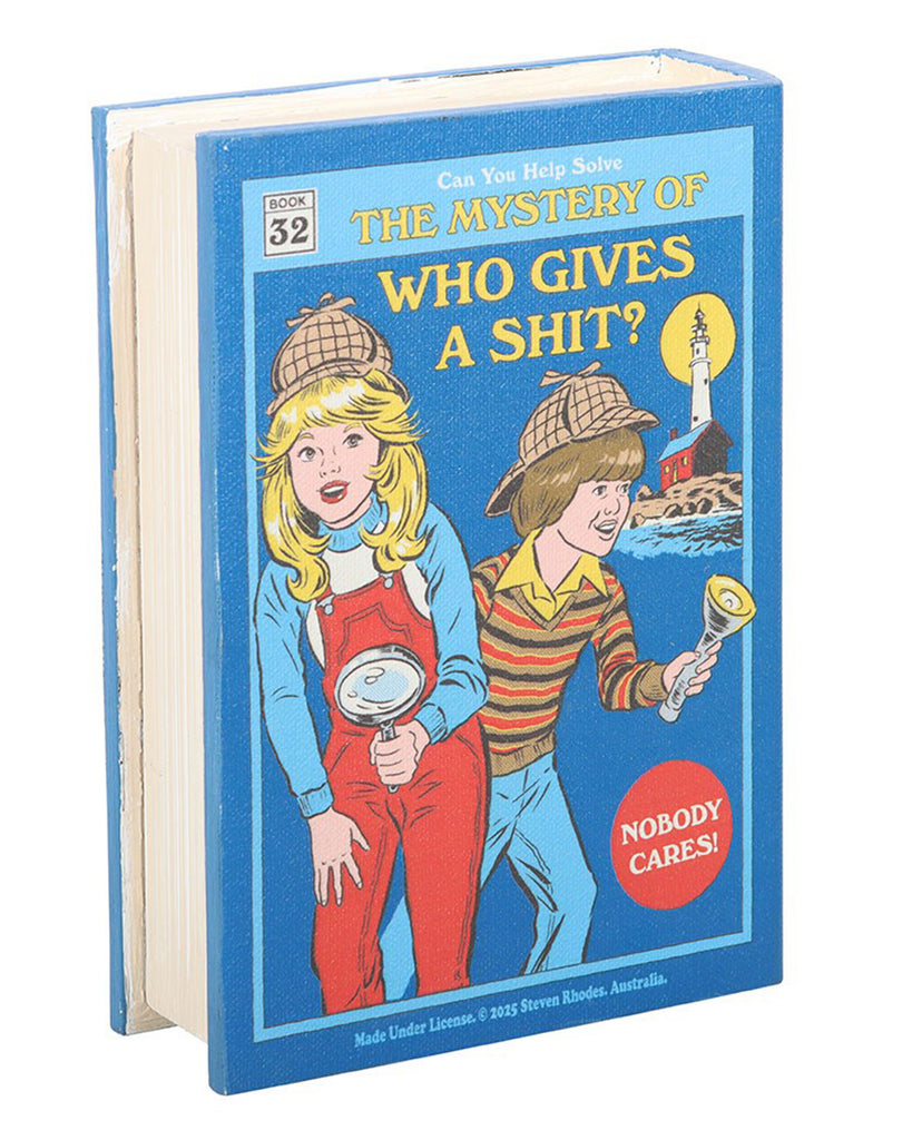 Book storage box with a title reading 'The Mystery of Who Gives a Shit?' with retro inspired cartoon characters holding a magnifying glass and a torch on a blue cover illustrated by Steven Rhodes.