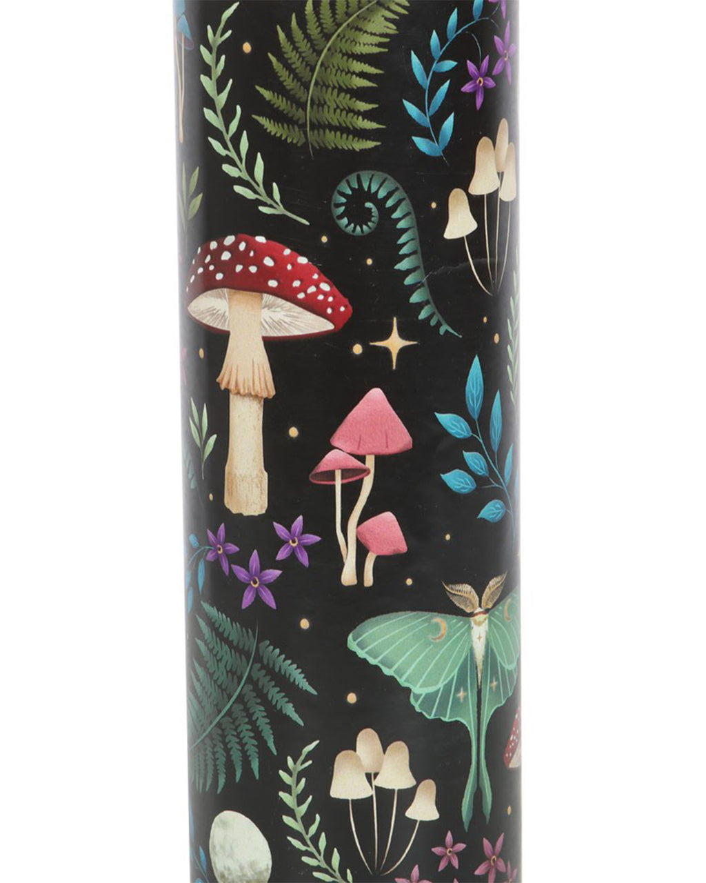 A close-up of the Dark Forest print, highlighting intricate mushrooms, ferns, celestial details, and a luna moth, creating an ethereal, magical woodland vibe.