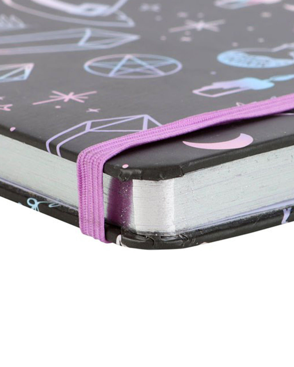 Close-up corner shot of the crystal witch notebook showing silver foiled page edges and a lilac elastic closure, ideal for gifting to crystal lovers and witches.