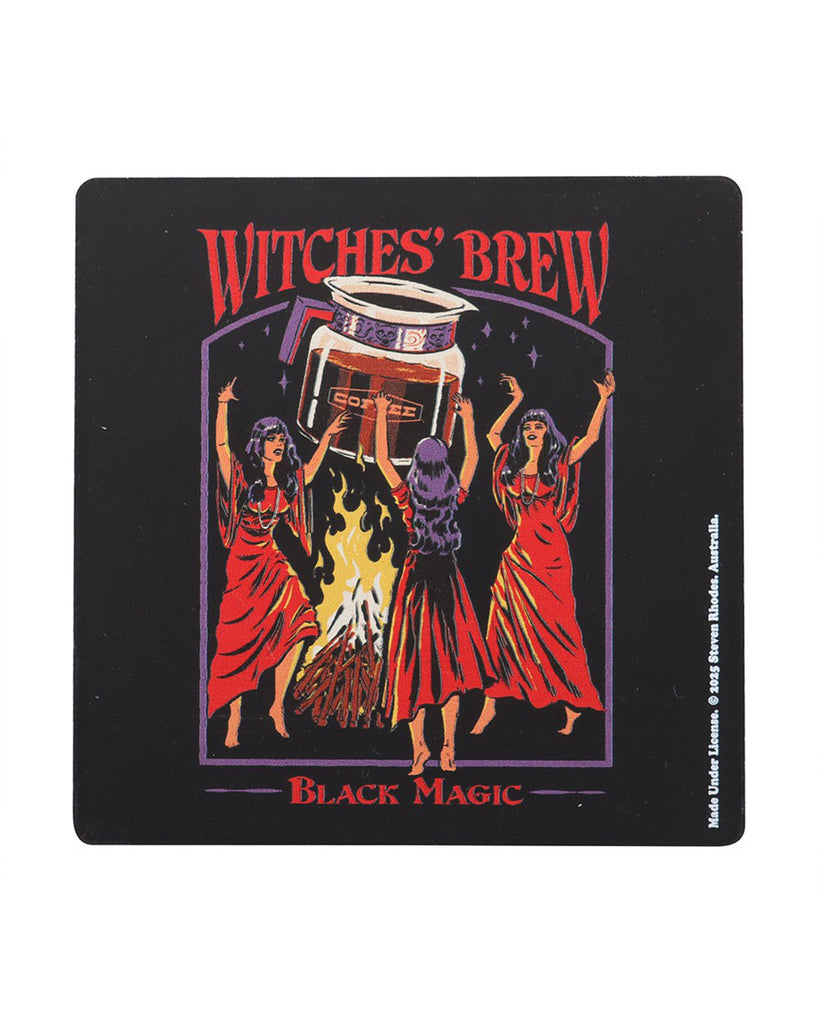 Front view of the Rebel Romance Steven Rhodes Witches' Brew Black Magic coaster. Features three witches summoning a giant pot of coffee over flames, with text reading 'Witches' Brew – Black Magic'.