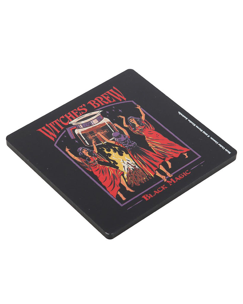 Side angle of the Rebel Romance Steven Rhodes Witches' Brew Black Magic coaster. Gothic coffee-themed design with witches in red robes around a fire, perfect alternative homeware gift.