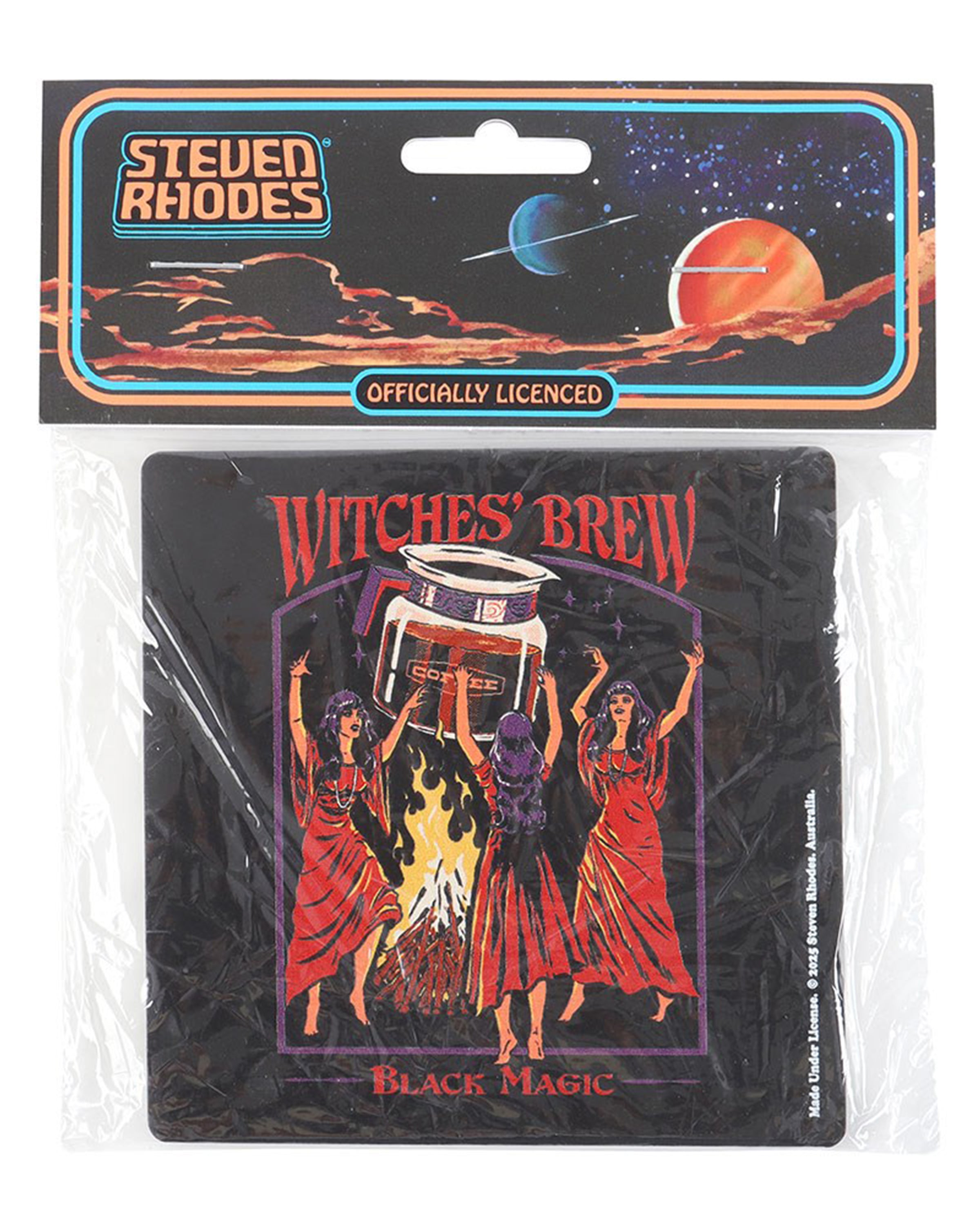 Rebel Romance Steven Rhodes Witches' Brew Black Magic coaster in packaging. Retro gothic design featuring three witches in red robes summoning a giant coffee pot over a fire. Officially licensed homeware gift for alternative style lovers.