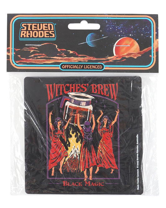 Rebel Romance Steven Rhodes Witches' Brew Black Magic coaster in packaging. Retro gothic design featuring three witches in red robes summoning a giant coffee pot over a fire. Officially licensed homeware gift for alternative style lovers.