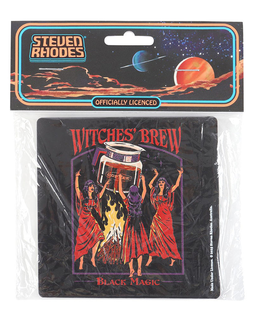 Rebel Romance Steven Rhodes Witches' Brew Black Magic coaster in packaging. Retro gothic design featuring three witches in red robes summoning a giant coffee pot over a fire. Officially licensed homeware gift for alternative style lovers.
