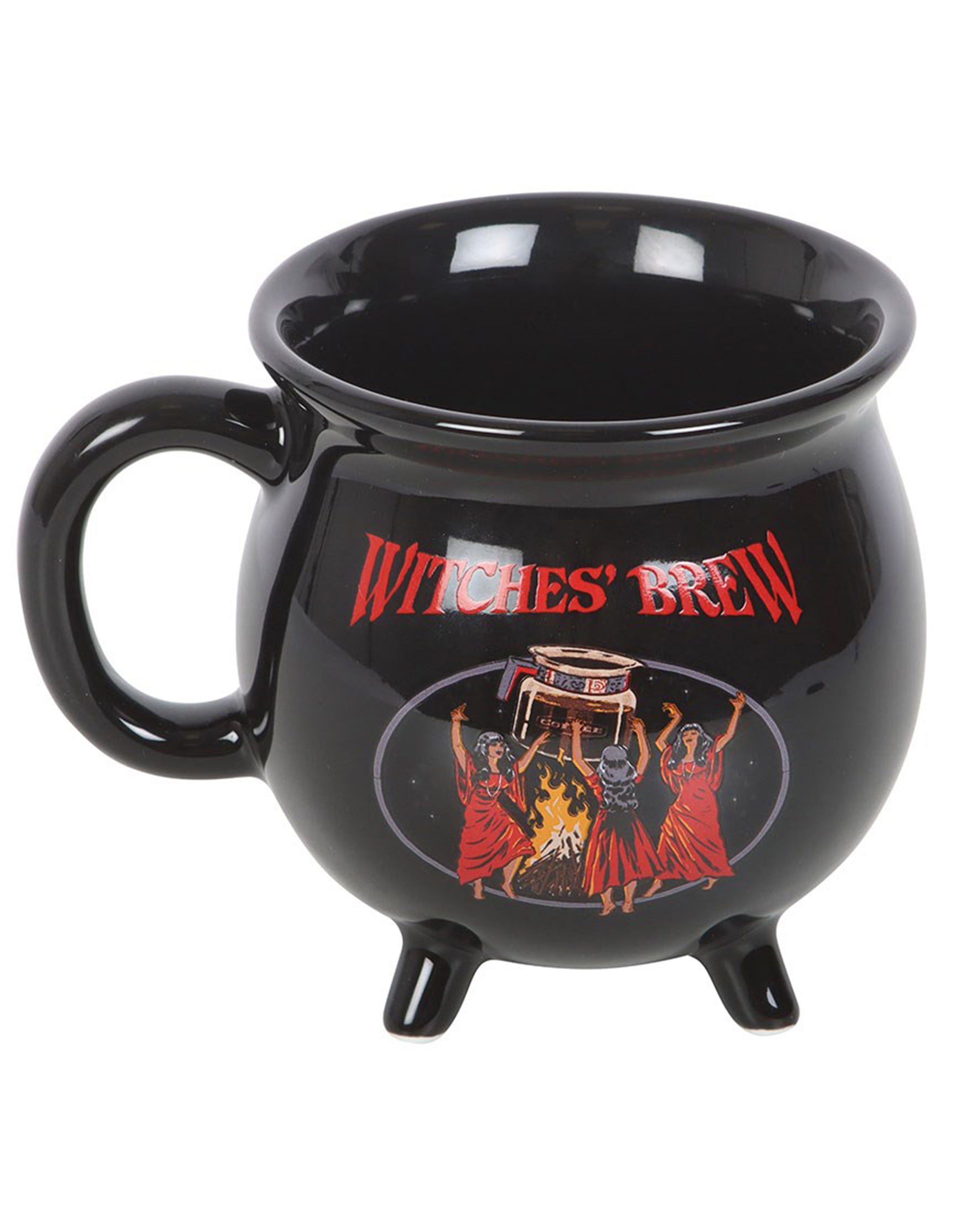 Rebel Romance Witches' Brew Cauldron Mug by Steven Rhodes, a black ceramic cauldron-shaped mug with witches dancing artwork. A spooky gothic coffee cup with four feet, bold red lettering, and retro horror-inspired design.