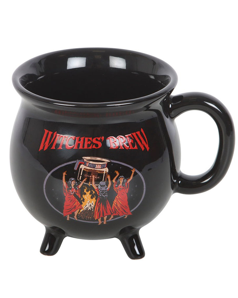 Rebel Romance Witches' Brew Cauldron Mug by Steven Rhodes in black ceramic, featuring red text and artwork of witches dancing around a fire. A spooky gothic coffee mug shaped like a witch’s cauldron with four little legs.