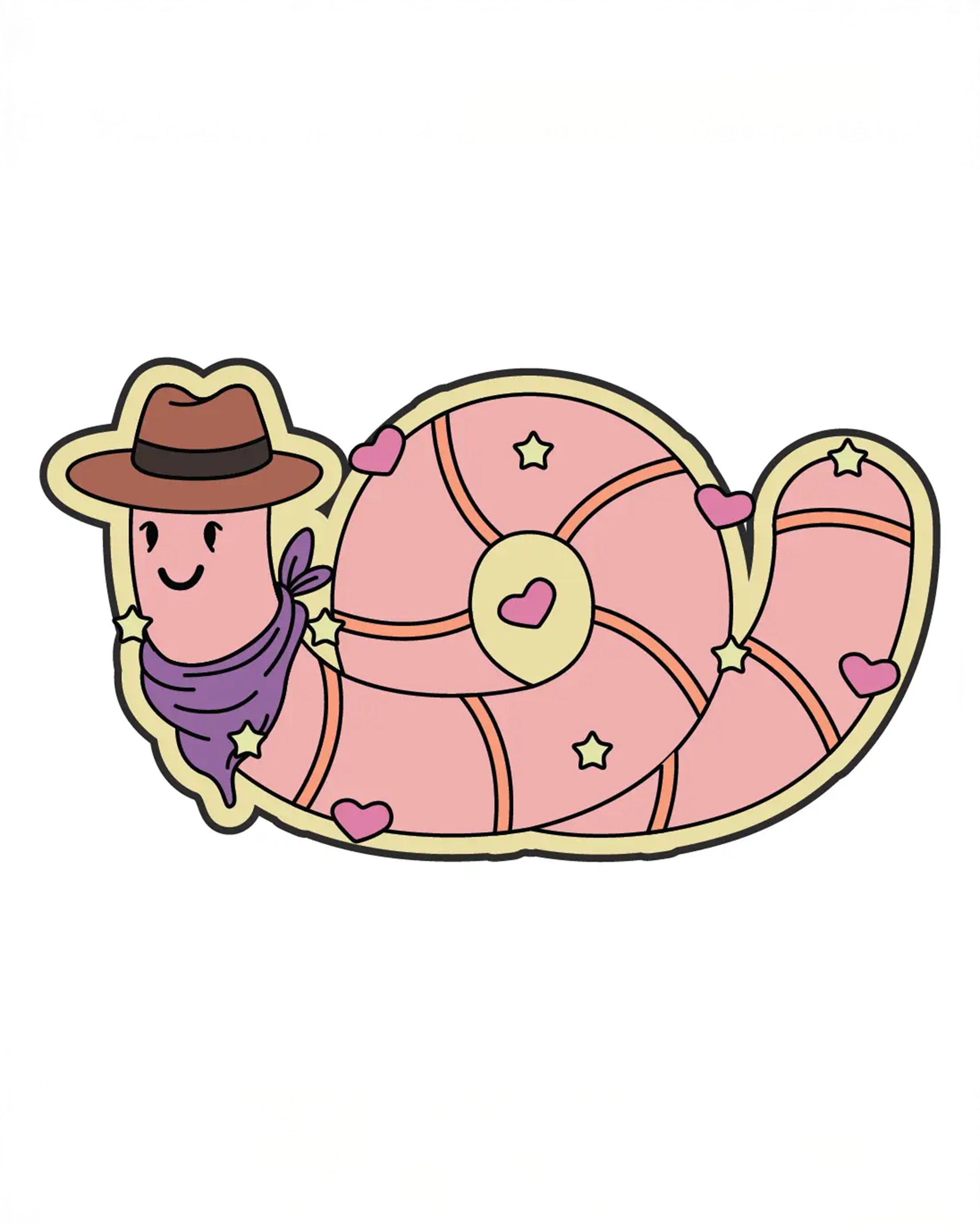 Cute weatherproof vinyl sticker featuring a pink cartoon worm dressed as a cowboy, with a brown hat and purple scarf, designed by FUN CLUB. The worm's shell is decorated with pink hearts and yellow stars. Available at Rebel Romance, a small UK brand celebrating extraordinary, alternative style with fun and quirky gifts for millennials.