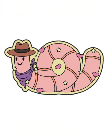 Cute weatherproof vinyl sticker featuring a pink cartoon worm dressed as a cowboy, with a brown hat and purple scarf, designed by FUN CLUB. The worm's shell is decorated with pink hearts and yellow stars. Available at Rebel Romance, a small UK brand celebrating extraordinary, alternative style with fun and quirky gifts for millennials.