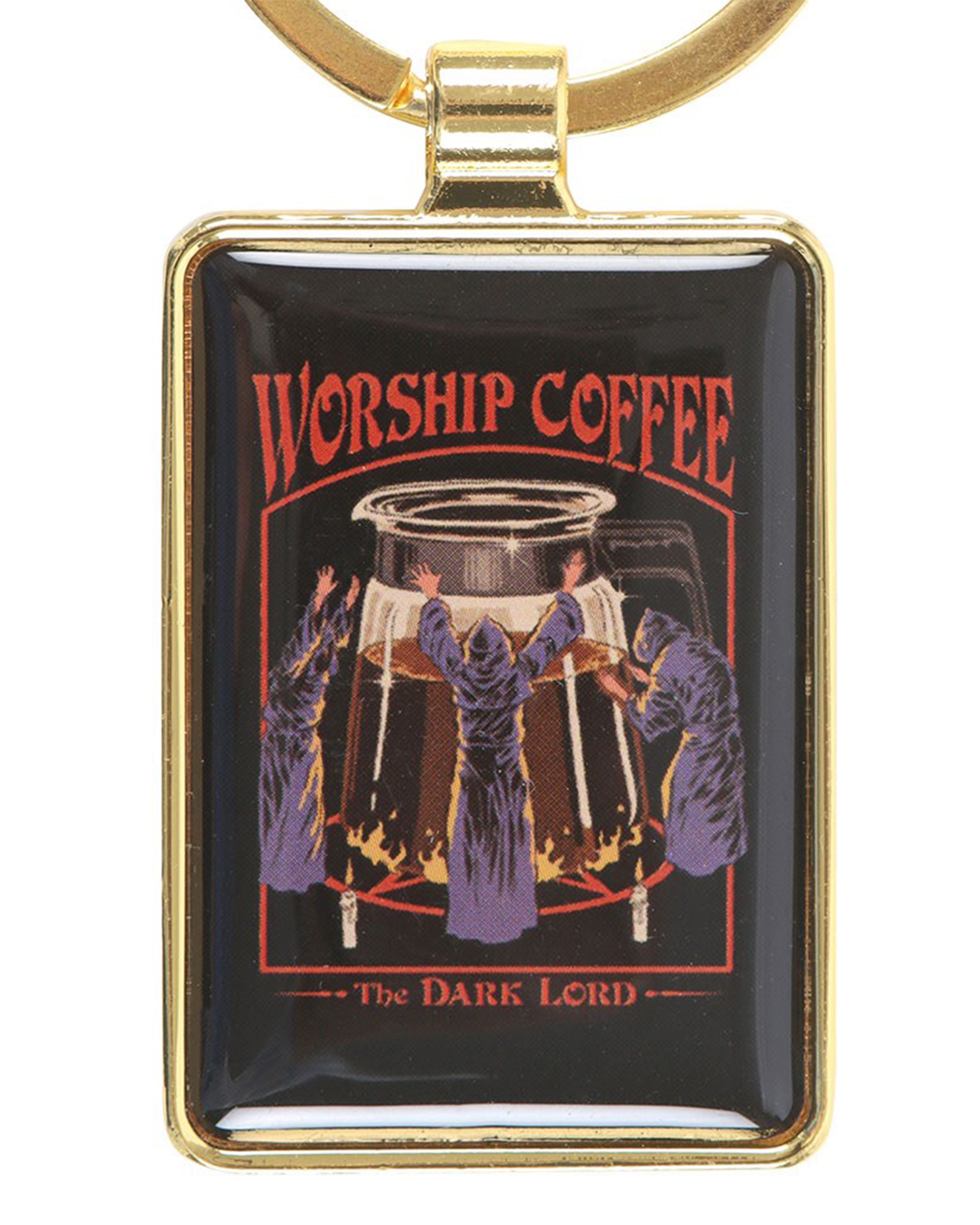 Rectangular enamel keyring with a gold frame featuring Steven Rhodes’ retro gothic design. The artwork shows robed figures worshipping a giant coffee pot, with text reading “Worship Coffee – The Dark Lord.” Available at Rebel Romance, a UK brand celebrating alternative fashion, gifts, and quirky homeware.
