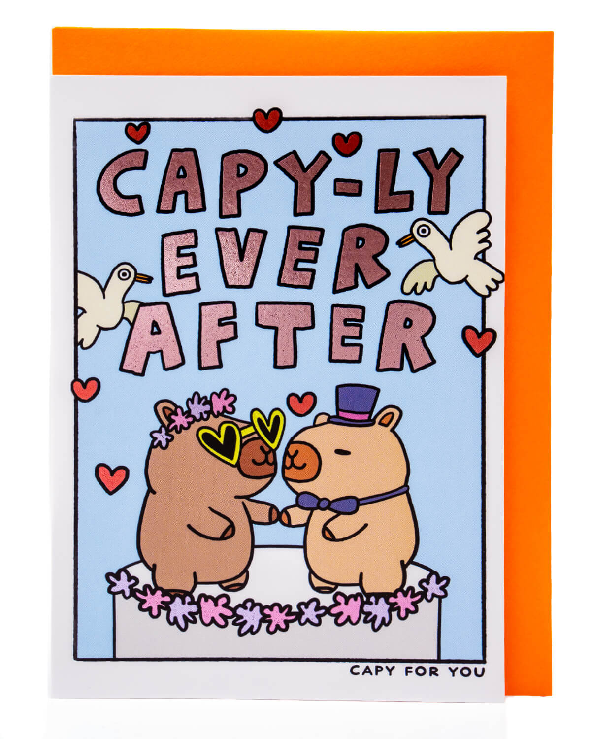 Celebrate love with the Capy-ly Ever After Wedding Card! Featuring adorable capybaras and foil details, this 11.4 x 16.2 cm card comes with a bright orange envelope. Perfect for weddings, engagements, or anniversaries. Send joyful congratulations today!