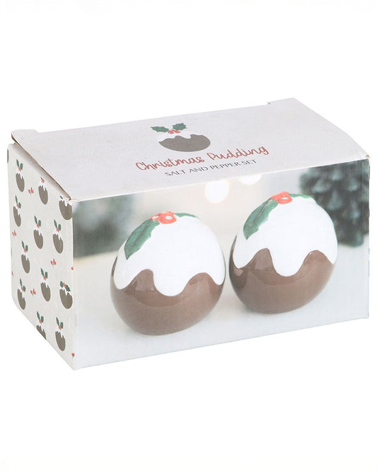 Boxed set of Christmas pudding salt and pepper shakers in festive packaging with holly prints, ideal as a Christmas gift or stocking filler.