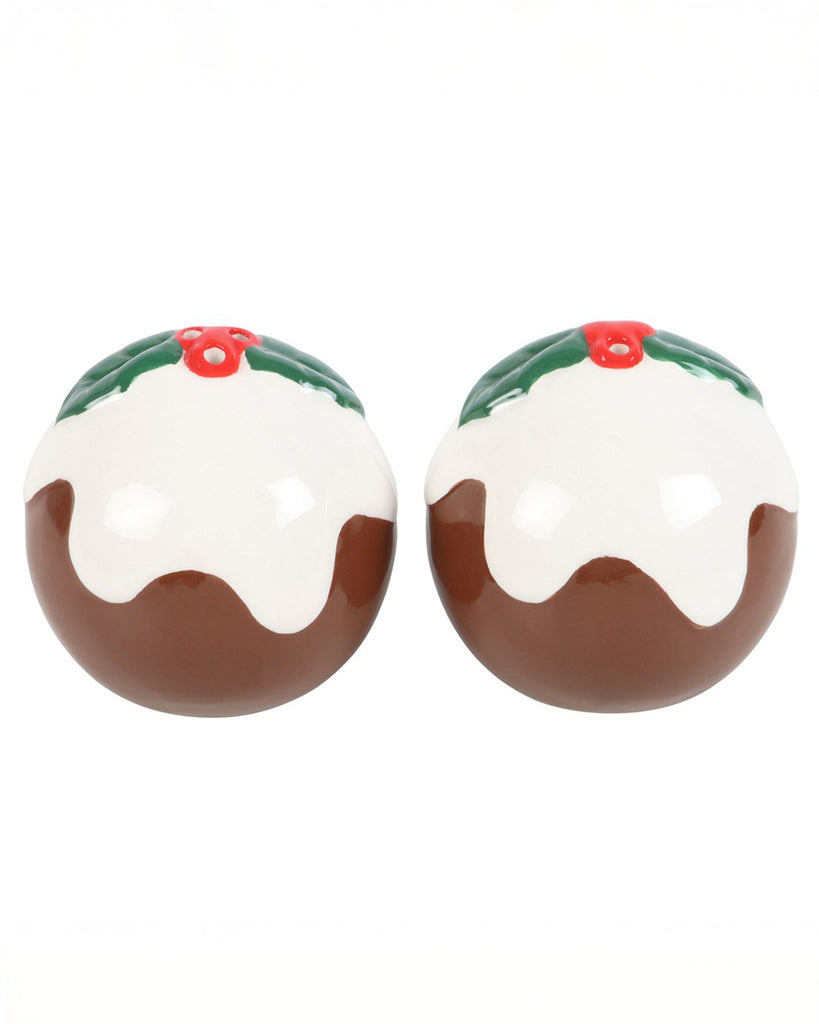 Front view of a matching pair of round Christmas pudding salt and pepper shakers, showing festive brown and white icing design with holly decoration.